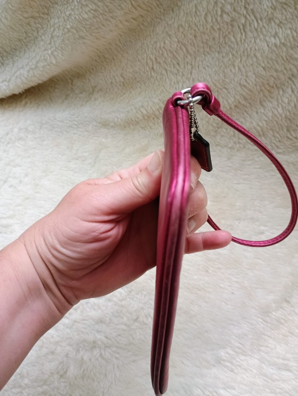 Coach Metallic Raspberry Pink Leather Chain Embossed Wristlet - Picture 5 of 7